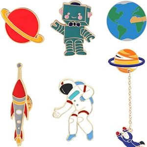 NEW Enamel Brooch Pin Space & Robot 6 Pcs Set